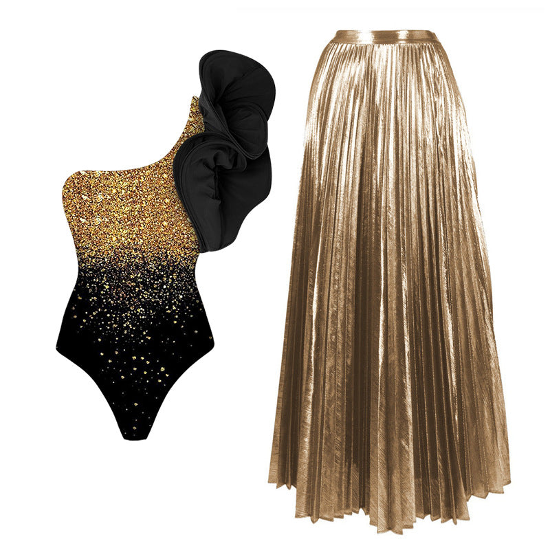 Damen Elegantes Glitzerndes Badeanzug- und Rock-Set EB