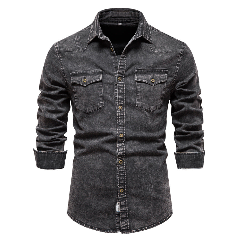 Herren Denim Hemdbluse mit zwei Brusttaschen und geschmackvollen Stickereien EB