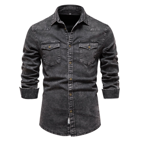 Herren Denim Hemdbluse mit zwei Brusttaschen und geschmackvollen Stickereien EB