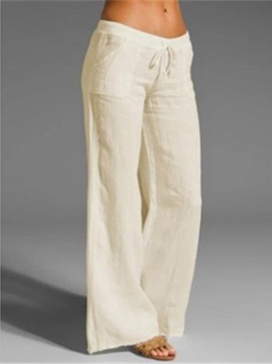 Damen weite Leinenhose mit hochgezogenem Bund und seitlichen Taschen EB