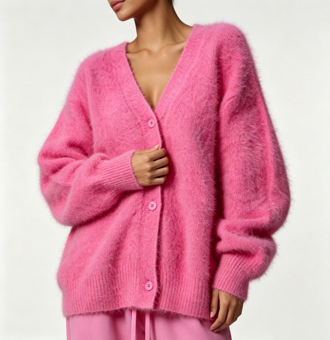 Damen Kuscheliger Oversize-Cardigan aus Teddy-Strick mit tiefem V-Ausschnitt EB
