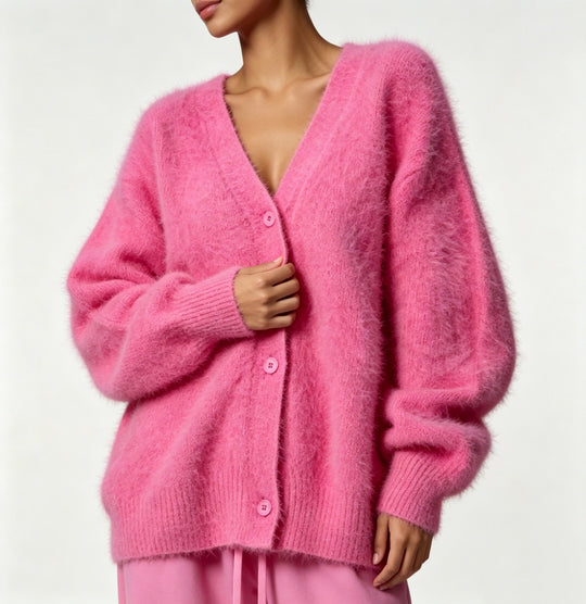 Damen Kuscheliger Oversize-Cardigan aus Teddy-Strick mit tiefem V-Ausschnitt EB