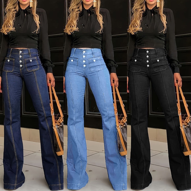 Damen Hochtaillierte Bootcut-Jeans mit dekorativen Knopfdetails EB