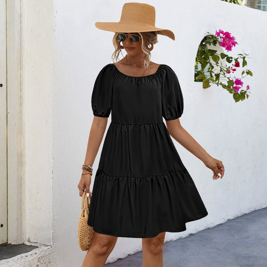 Damen Freizeitkleid mit voluminösen Puffärmeln und schwingendem Rock EB