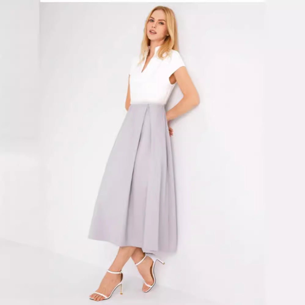 EB | Weißes Farbblock V-Ausschnitt Ausgestellt Sommerkleid