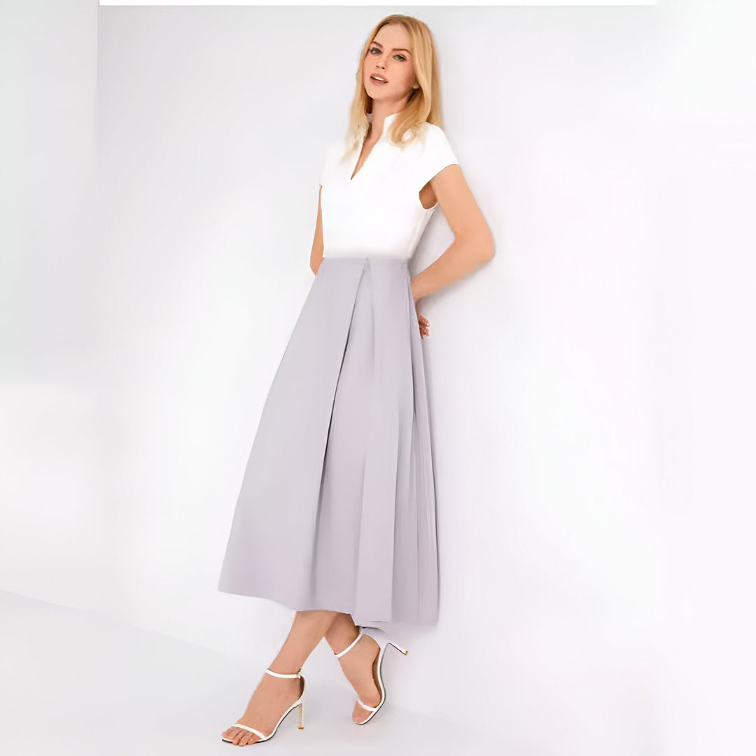 EB | Weißes Farbblock V-Ausschnitt Ausgestellt Sommerkleid