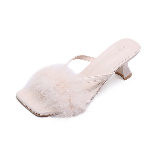 Damen Offene Mules mit dekorativem Plüschbesatz und elegantem Absatz EB