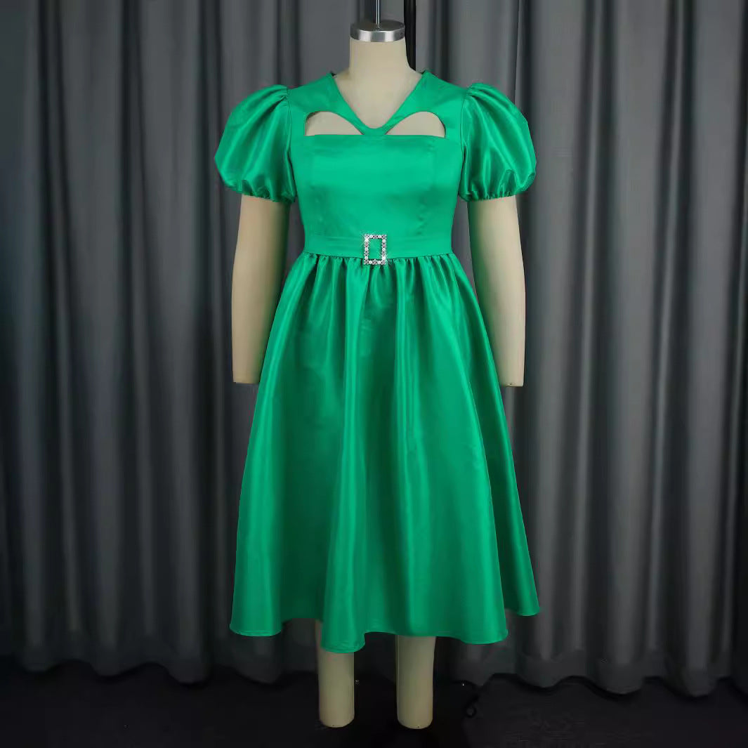 Damen Elegantes Midikleid mit Puffärmeln und diamantbesetztem Gürtel EB