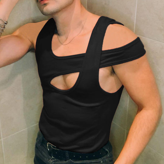 Herren nan asymmetrisches ärmelloses Tanktop mit ausgeschnittenem Einsatz aus Baumwoll-Elasthan EB