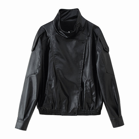 Damen Kunstlederjacke mit modischem Stehkragen und praktischen Taschen EB