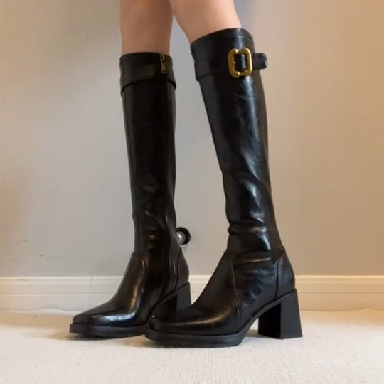Damen Stiefel mit elegantem Blockabsatz und modischem Schnallenverschluss EB