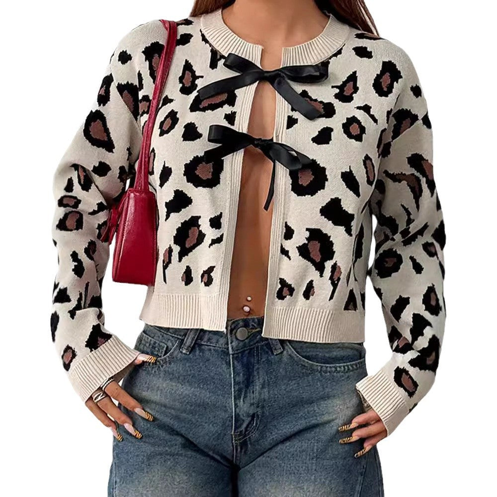 Damen Stilvolle Leopardenstrickjacke mit Bindebändern EB