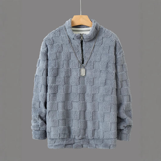 Herren nan karierter Sherpa-Halbzip-Pullover mit hohem Stehkragen und weicher Teddy-Fleece-Qualität EB