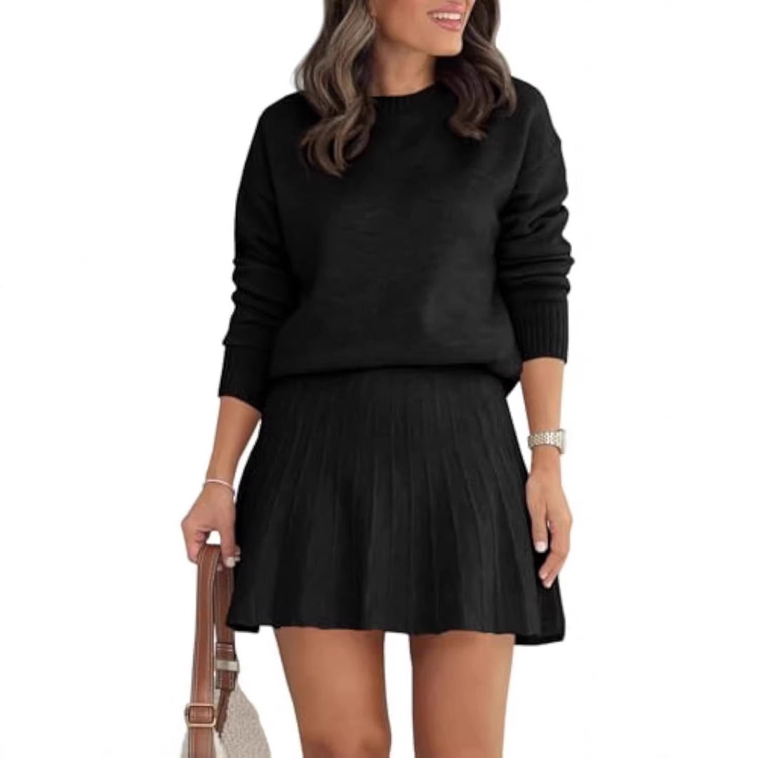 Damen Zweiteiliges Strick-Set mit Rundhals-Pullover und Plissée-Minirock EB