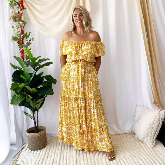 Damen Off-Shoulder Maxikleid mit voluminösem Rüschendesign und elastischem Taillenbund EB