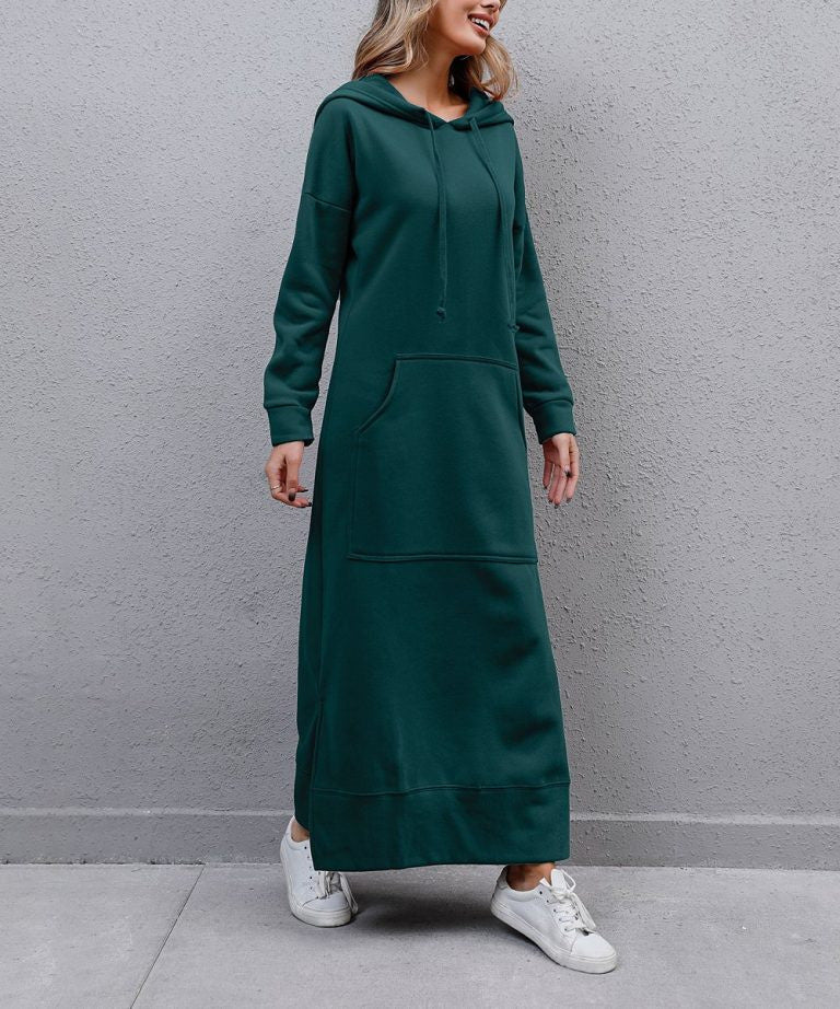 Damen nan langes Kapuzen-Sweatkleid mit Kängurutasche, Seitenschlitzen und lockerer Oversize-Passform EB