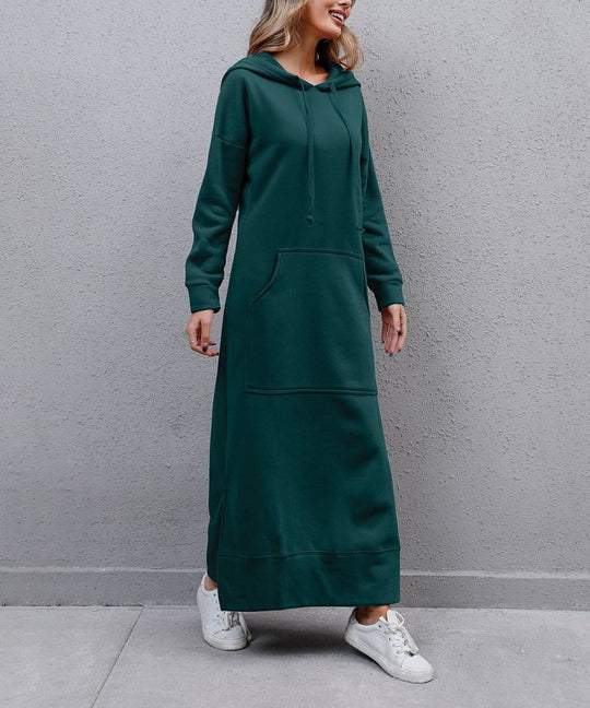 Damen nan langes Kapuzen-Sweatkleid mit Kängurutasche, Seitenschlitzen und lockerer Oversize-Passform EB