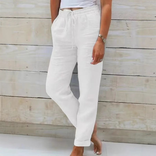 Damen nan lässige Leinenhose mit elastischem Bund Kordelzug und Seitentaschen EB