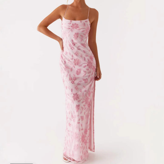 Damen Couture Maxikleid mit floralem Smock-Design und verführerischem Rücken EB