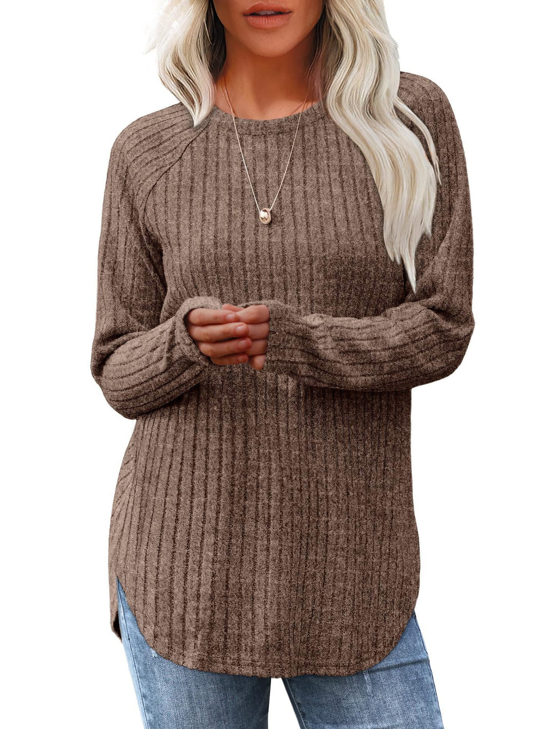 Damen lässiger Langarm Pullover mit strukturiertem Rippdesign EB