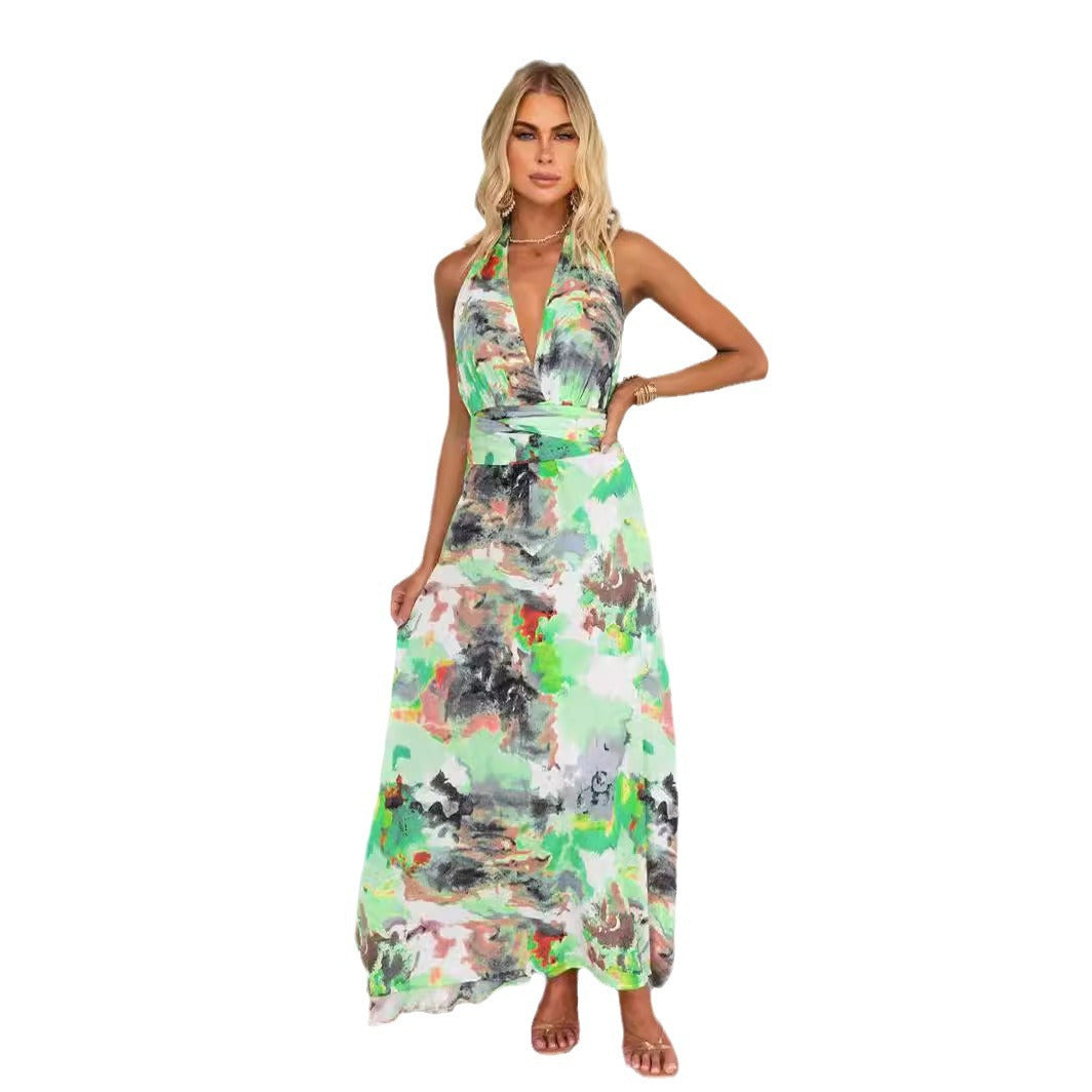 Damen Maxikleid mit tiefem V-Ausschnitt und elegantem Bindegürtel EB