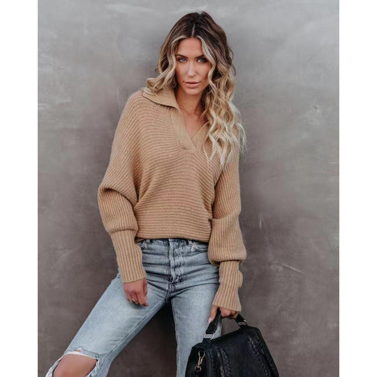 Damen modischer Pullover mit weitem Kragen und Rippstruktur EB