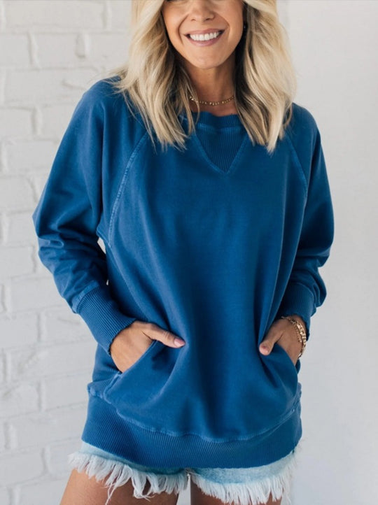 Damen lässiger V-Ausschnitt Sweatshirt mit Raglanärmeln und seitlichen Taschen EB