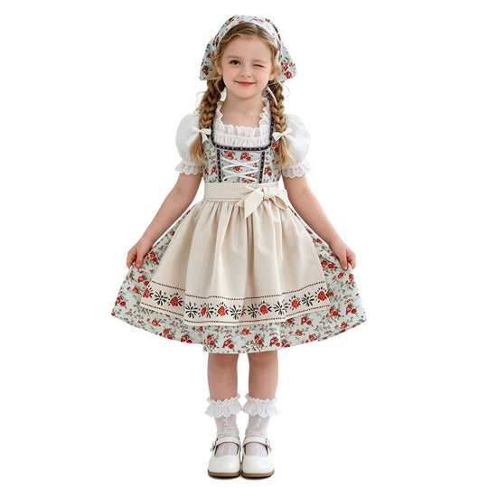 Damen nan Kinderdirndl Trachtenkleid mit Spitzenbluse Schürze und Kopftuch EB
