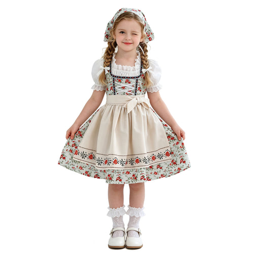 Damen nan Kinderdirndl Trachtenkleid mit Spitzenbluse Schürze und Kopftuch EB