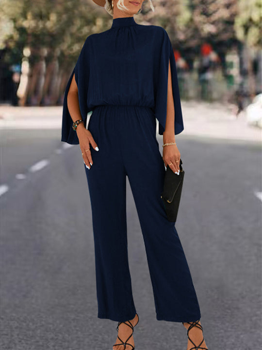Damen Eleganter Jumpsuit mit fließendem Cape-Design und hochgeschlossenem Ausschnitt EB