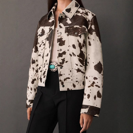 Damen modische Lammfelljacke mit auffälligem Tiermotiv EB