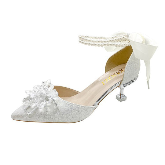 Damen elegante High Heel Pumps mit funkelndem Schmuck und Blumenakzent EB