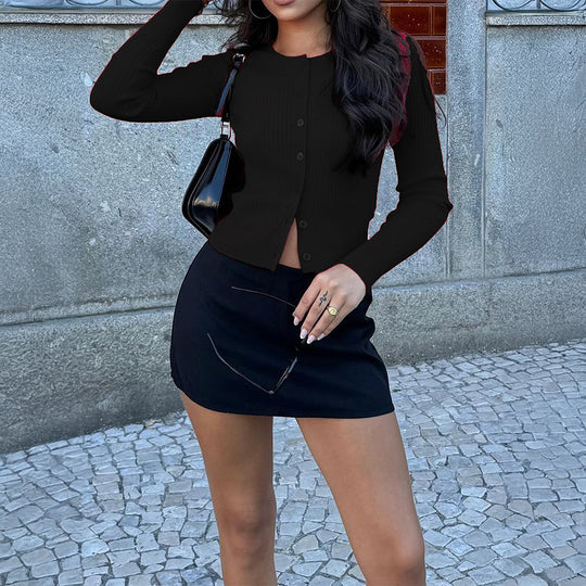 Damen nan kurze gerippte Knopfstrickjacke mit Rundhalsausschnitt, taillierter Passform und Stretchanteil EB