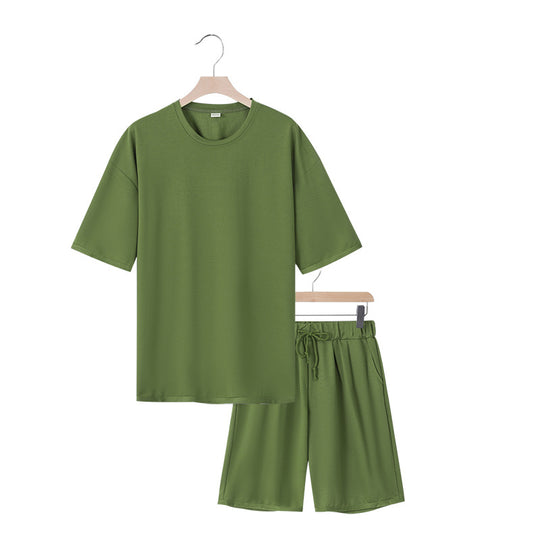 Herren nan entspannter Jersey-Set mit verlängertem Rundhals-T-Shirt und elastischen Kordelzug-Shorts EB