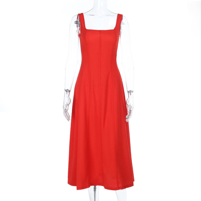 Damen elegantes Maxikleid mit quadratischem Ausschnitt und fließendem Rock EB