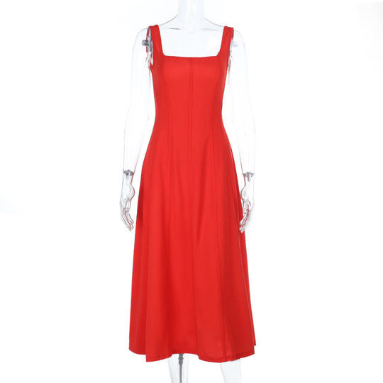 Damen A-Linien Kleid mit quadratischem Ausschnitt und schmalen Trägern EB