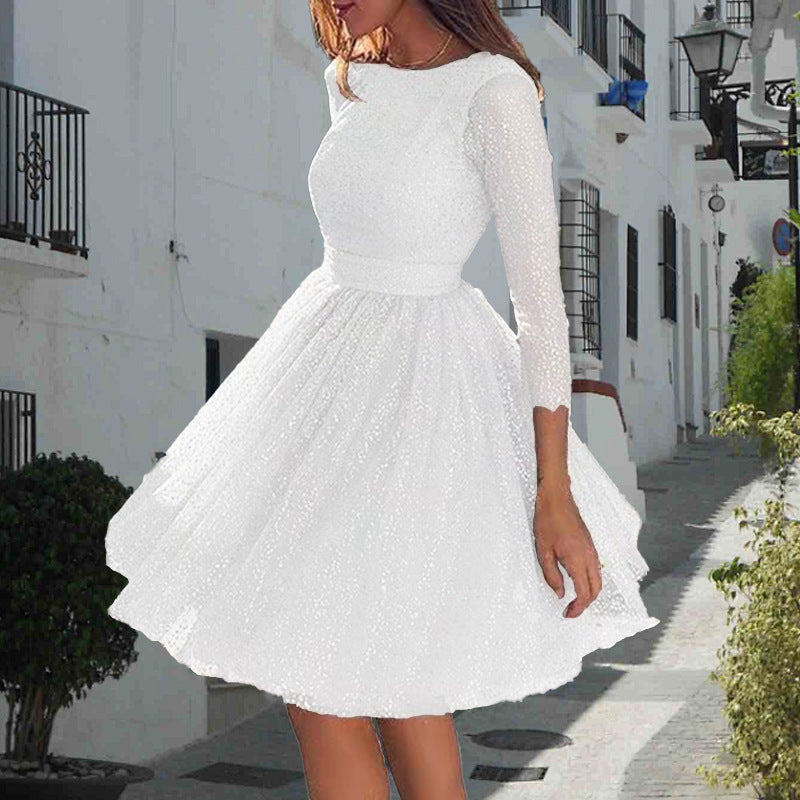 Damen Elegantes Tüllkleid mit Transparenten Ärmeln EB