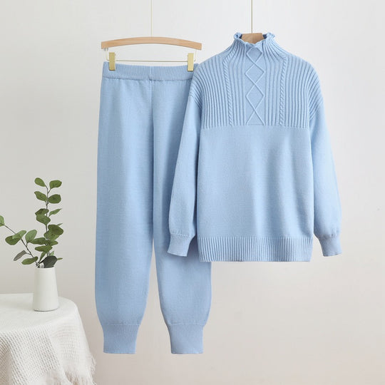 Damen gemütliches Strick-Loungewear-Set mit hohem Kragen und Rippstruktur EB