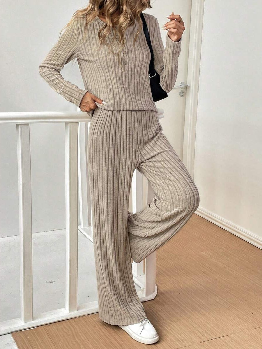 Damen Lässiges Lounge-Set mit strukturiertem Rippenmuster und Knopfdetail EB