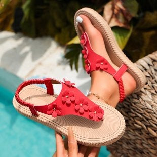 Damen komfortable Zehentrenner-Sandalen mit floralen Applikationen EB