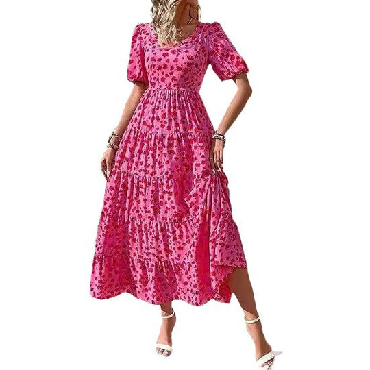 Damen Maxikleid mit Puffärmeln und Rüschendetails EB