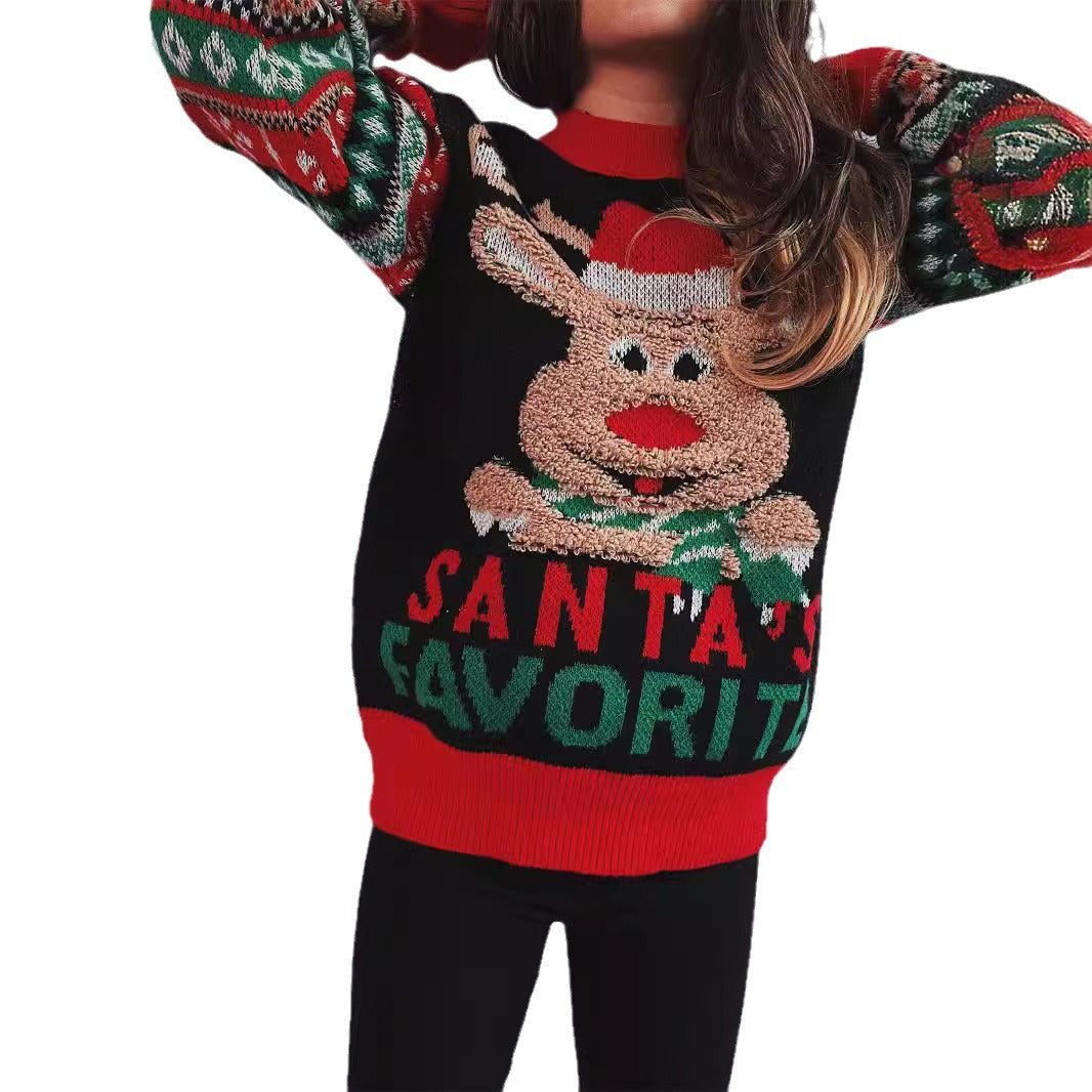 Damen Weihnachtspullover mit festlichem Rentier-Motiv und kunterbunten Strickdetails EB