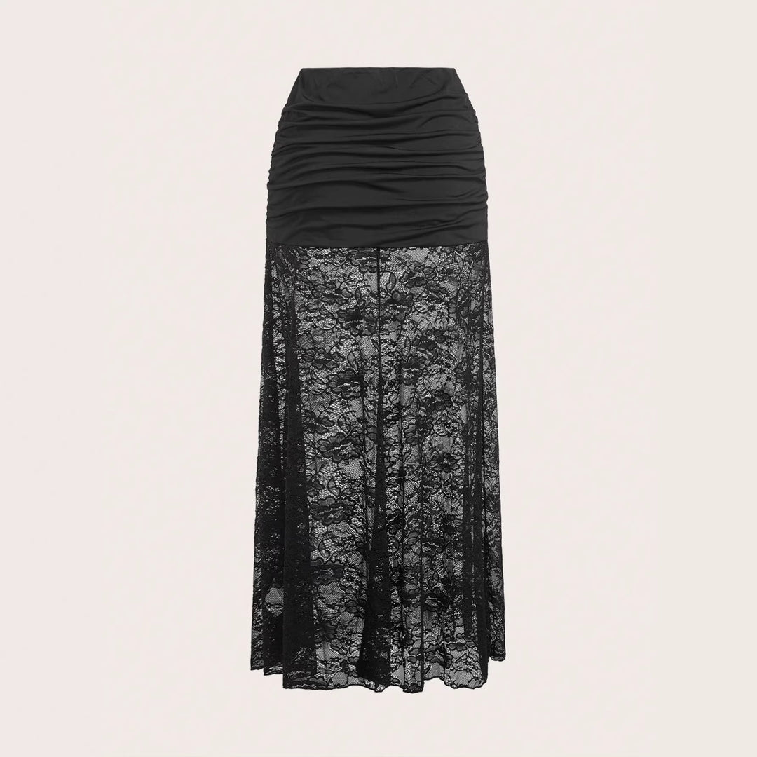 Damen nan Maxirock mit gerafftem Mini-Innenslip und floralem Spitzen-Überwurf EB