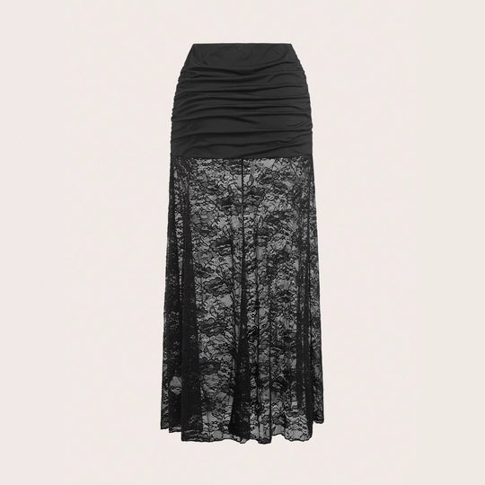 Damen nan Maxirock mit gerafftem Mini-Innenslip und floralem Spitzen-Überwurf EB