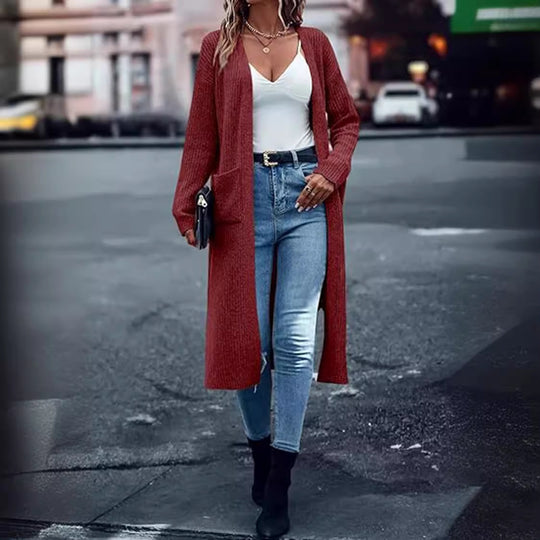 Damen Langer Strickmantel mit strukturiertem Design und praktischen Taschen EB