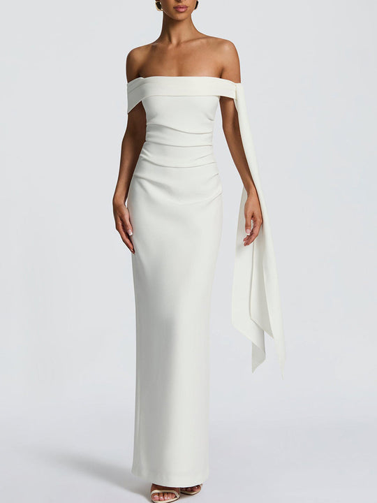Damen Elegantes Maxikleid mit schulterfreiem Design und raffiniertem Drapierungselement EB