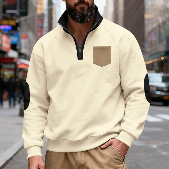 Herren nan Quarterzip-Sweatshirt mit Stehkragen, kontrastiertem Reißverschluss, Ellbogenpatches und Brusttasche EB