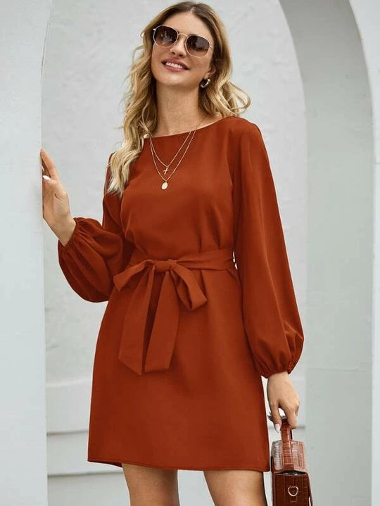 Damen nan elegantes Etuikleid mit Ballonärmeln und Taillengürtel EB