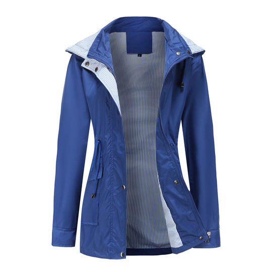Damen Wetterfeste Regenjacke mit verstellbarem Kapuzenkragen und Taillenzug EB