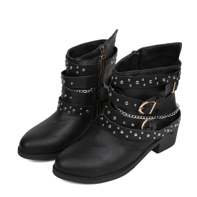 Damen nan knöchelhohe Biker-Stiefelette mit Nietenriemen, Ketten- und Dornschließen-Details EB